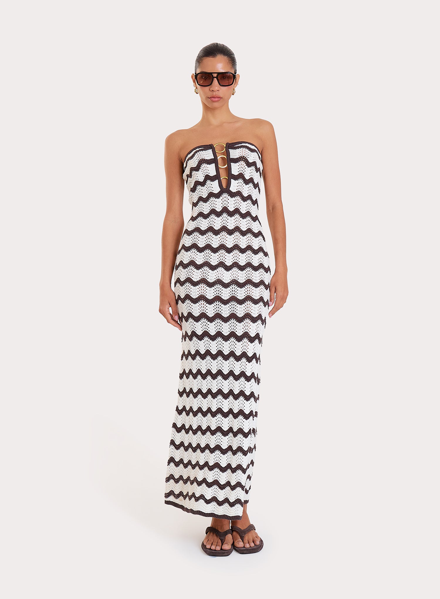 Chocolate And Cream Chevron Print Knitted Bandeau Maxi Dress
